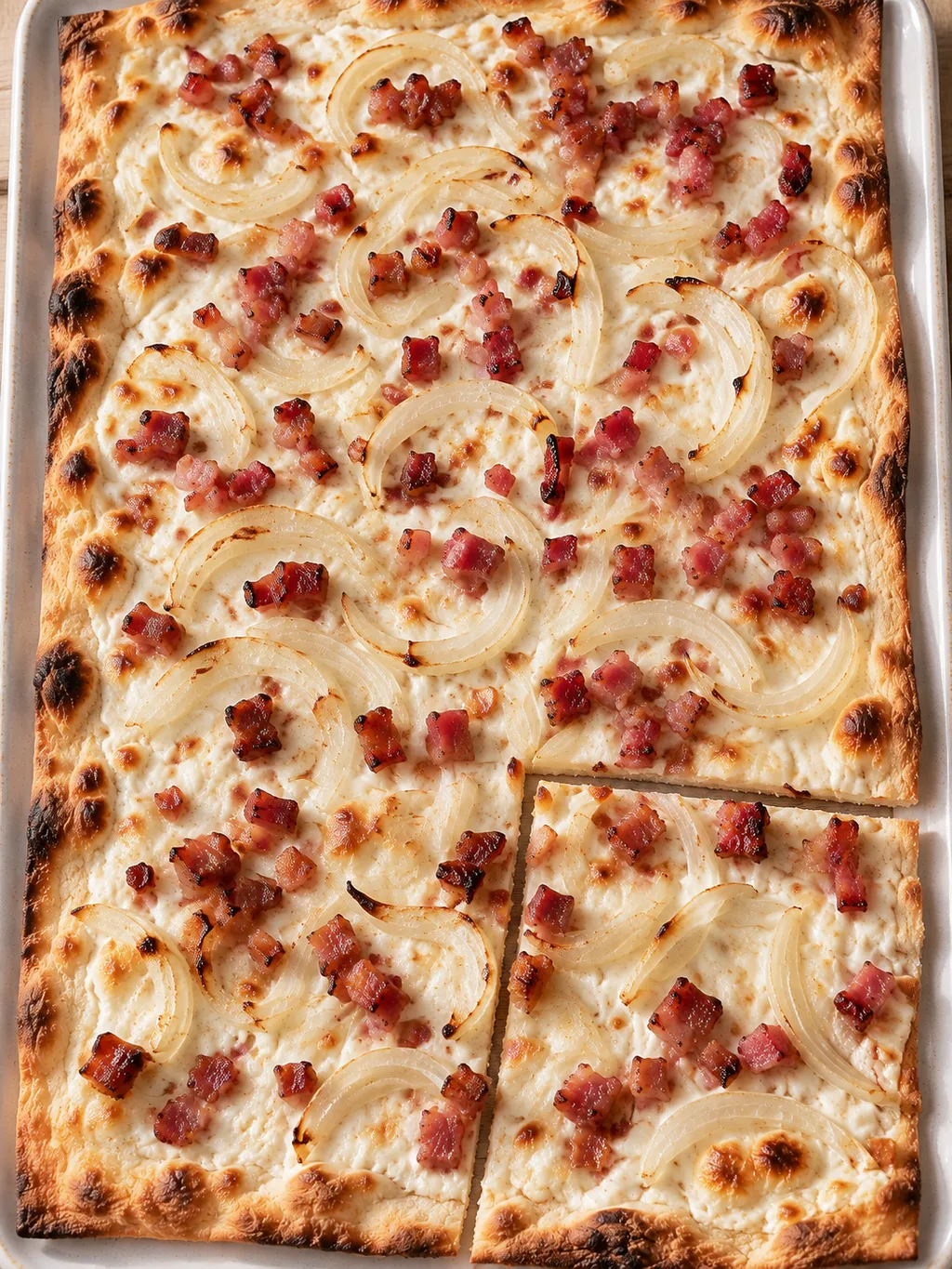 Knuspriger Flammkuchen mit cremigem Schmand, feinen Zwiebeln und Speck