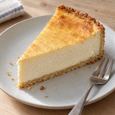 Quark-Käsekuchen mit dünnem Mürbeteigboden und hellgoldener Oberfläche