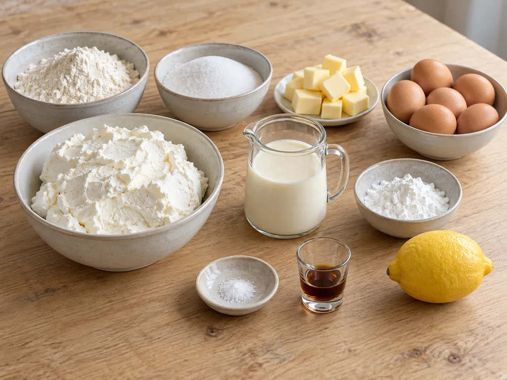 Quark, Sahne, fünf Eier, Mehl, Butter, Zucker, Stärke, Zitrone, Salz und Vanille