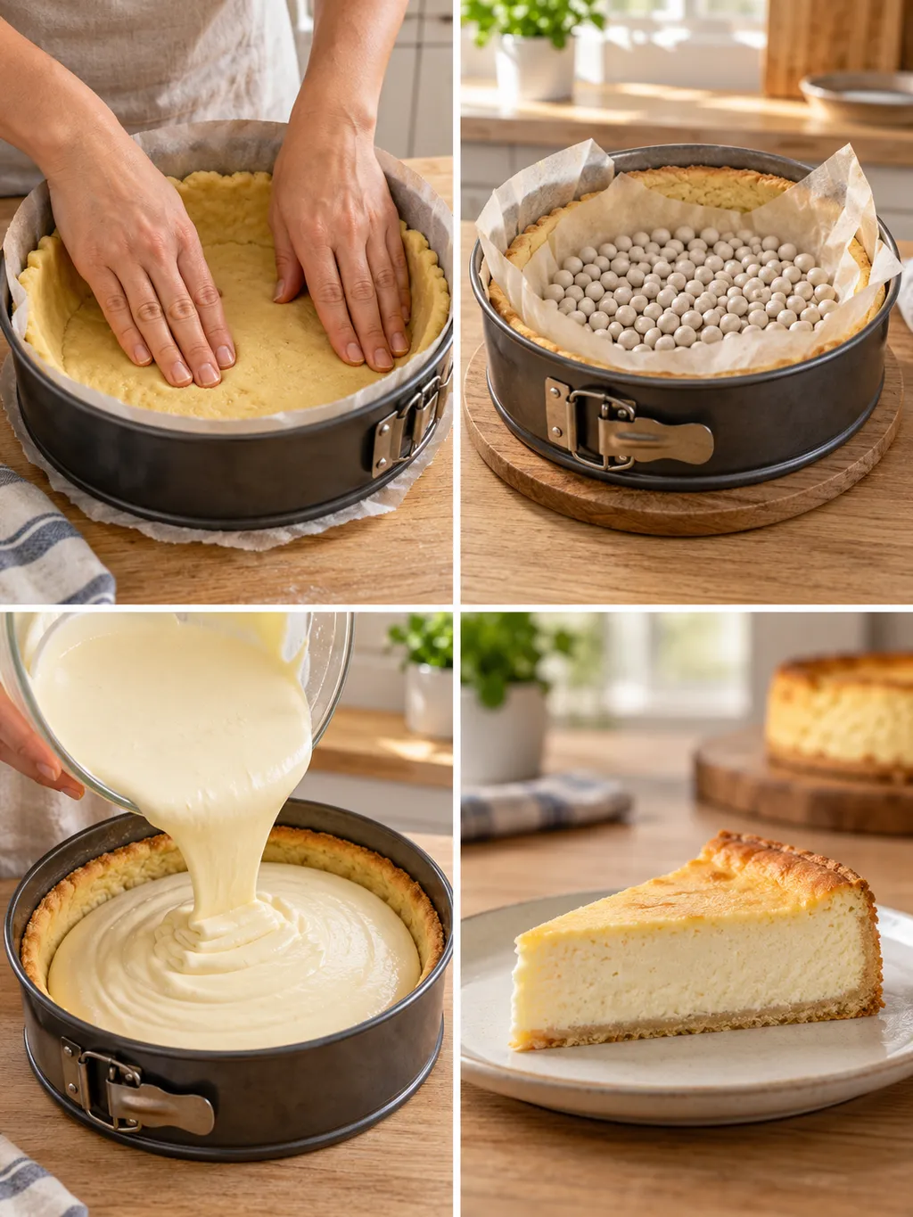 Mürbeteig formen, Boden vorbacken, Quarkfüllung einfüllen und fertigen Käsekuchen servieren