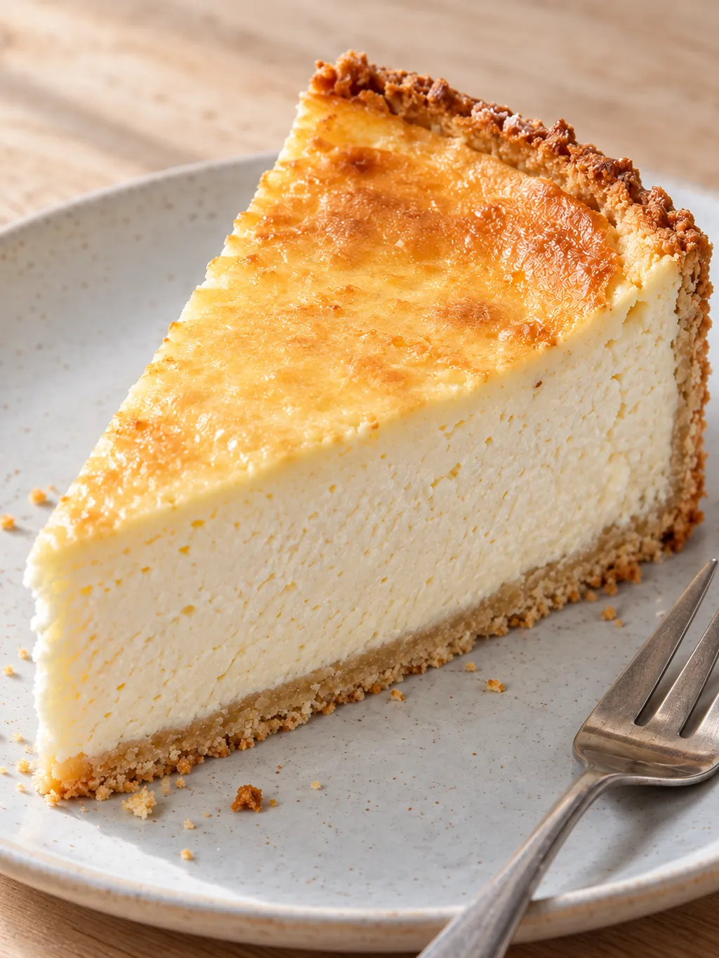Cremiges Stück Quark-Käsekuchen mit feinem Mürbeteigboden auf einem hellen Teller