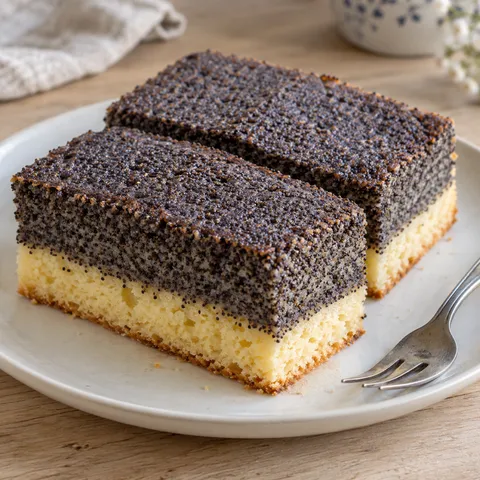 Deutscher Mohnkuchen mit hellem Rührteigboden und dicker dunkler Mohnschicht