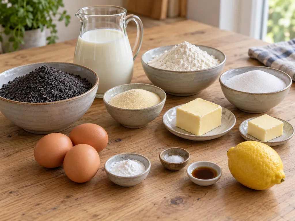 Mohn, Milch, Grieß, Butter, Zucker, Eier und weitere Zutaten für Mohnkuchen