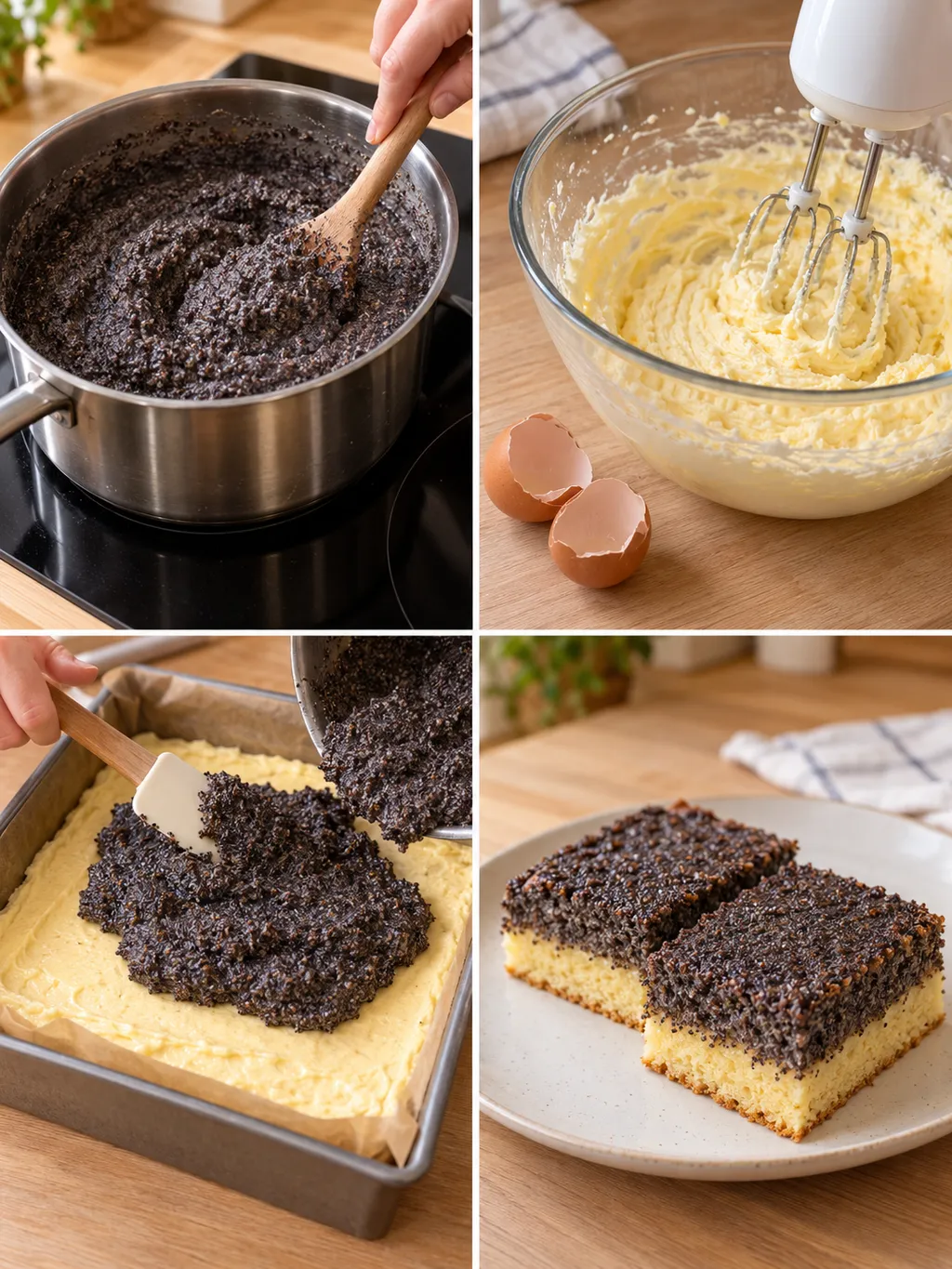 Mohnfüllung kochen, Rührteig aufschlagen, Schichten verteilen und fertigen Mohnkuchen servieren