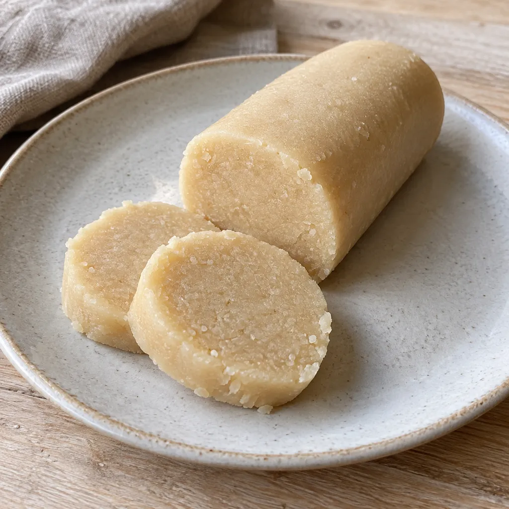 Helle selbstgemachte Marzipanrolle mit zwei abgeschnittenen Scheiben auf einem Keramikteller