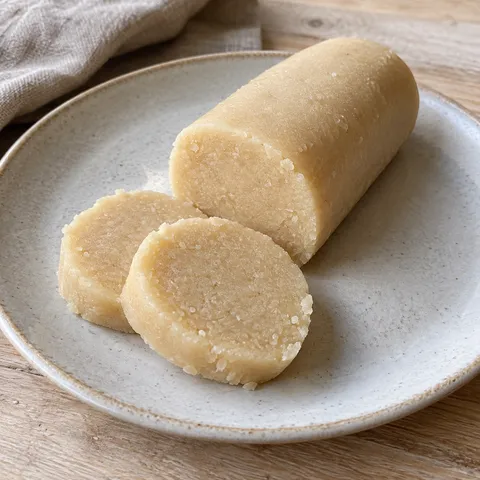 Helle selbstgemachte Marzipanrolle mit zwei abgeschnittenen Scheiben auf einem Keramikteller