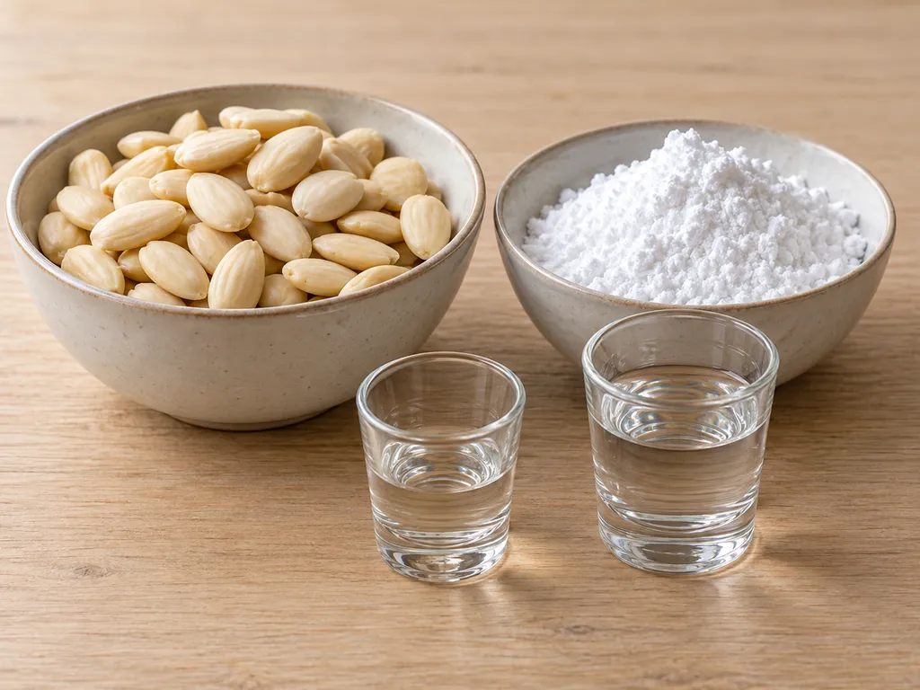 Geschälte Mandeln, Puderzucker, Rosenwasser und Wasser für selbstgemachtes Marzipan