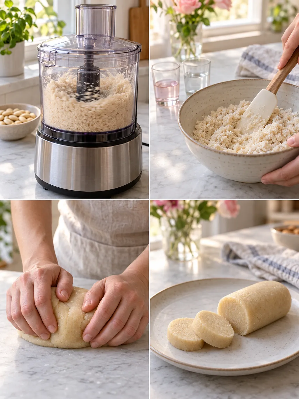 Mandeln mahlen, Marzipan vermengen und kneten sowie die fertige Rolle mit Scheiben