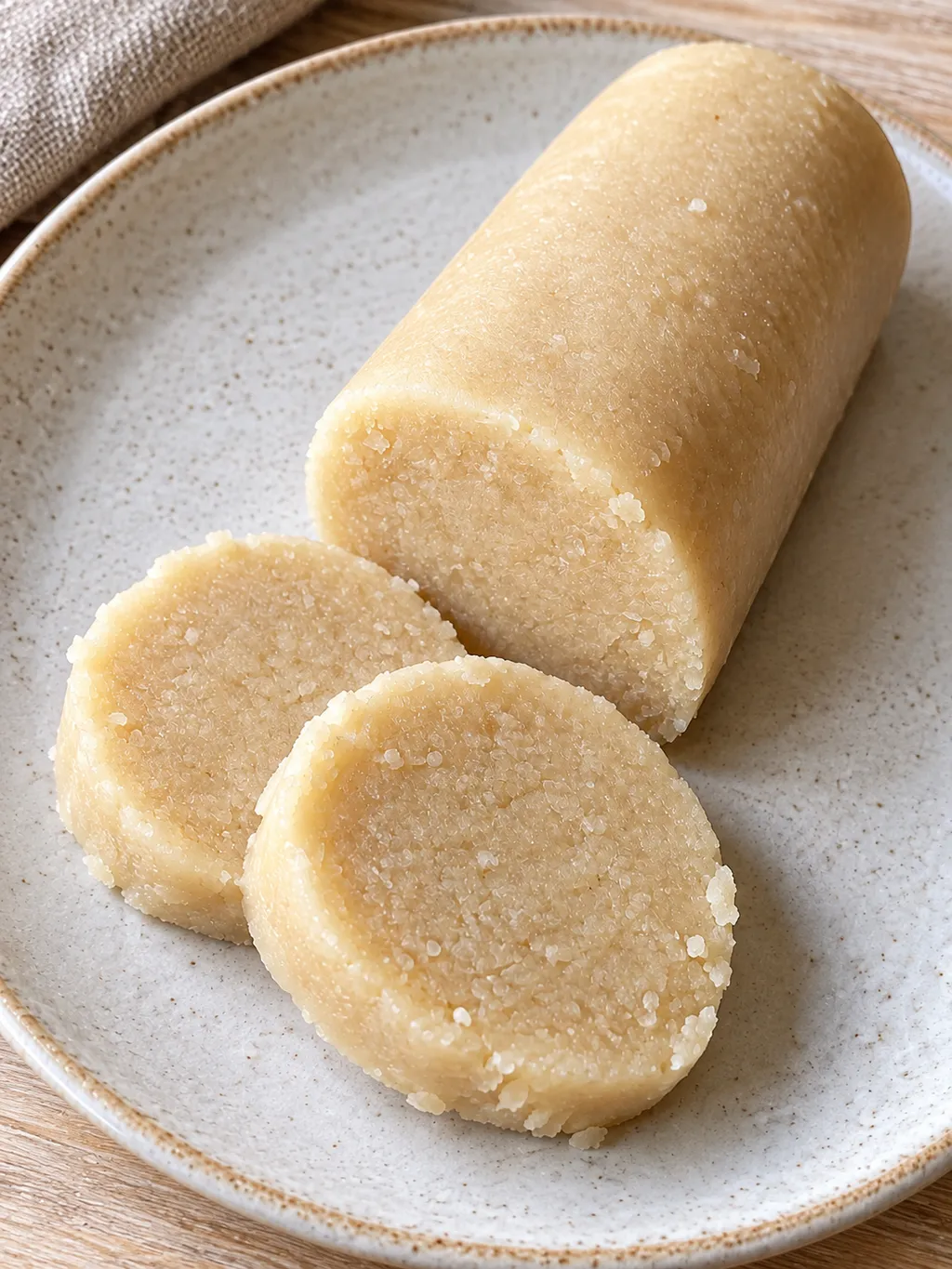 Selbstgemachtes Marzipan als helle Rolle mit zwei fein strukturierten Scheiben