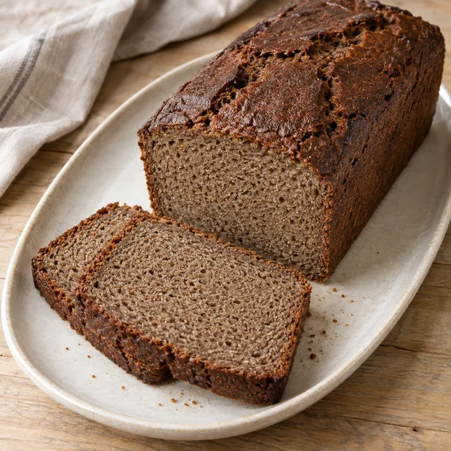 Roggenbrot mit dunkelbrauner Kruste und zwei Scheiben mit feinporiger Krume