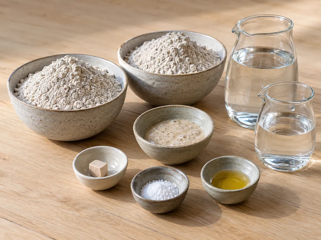 Roggenmehl, Anstellgut, Wasser, frische Hefe, Salz und Rapsöl für Roggenbrot