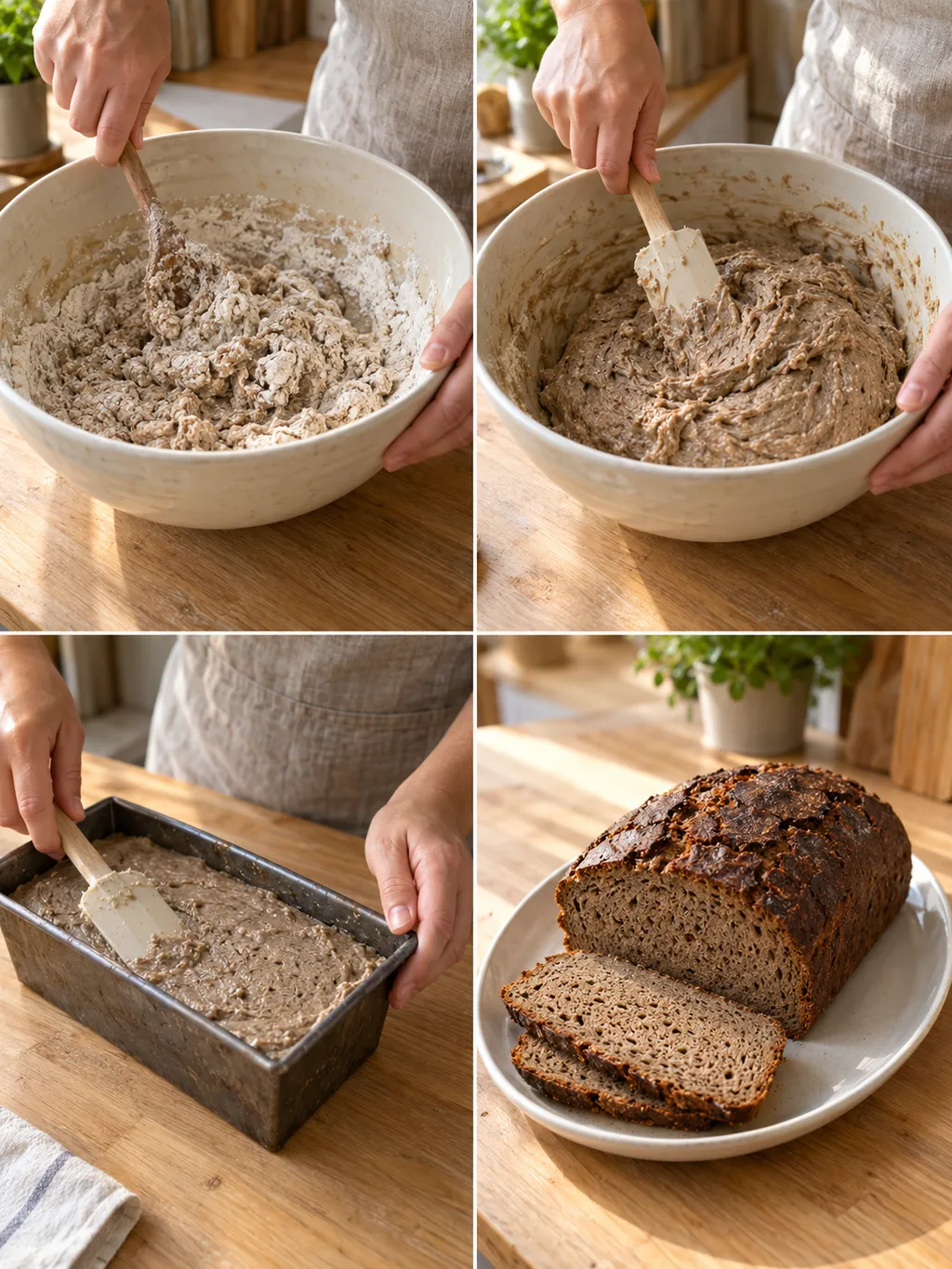 Sauerteigansatz, Roggenteig, gefüllte Kastenform und fertig geschnittenes Roggenbrot