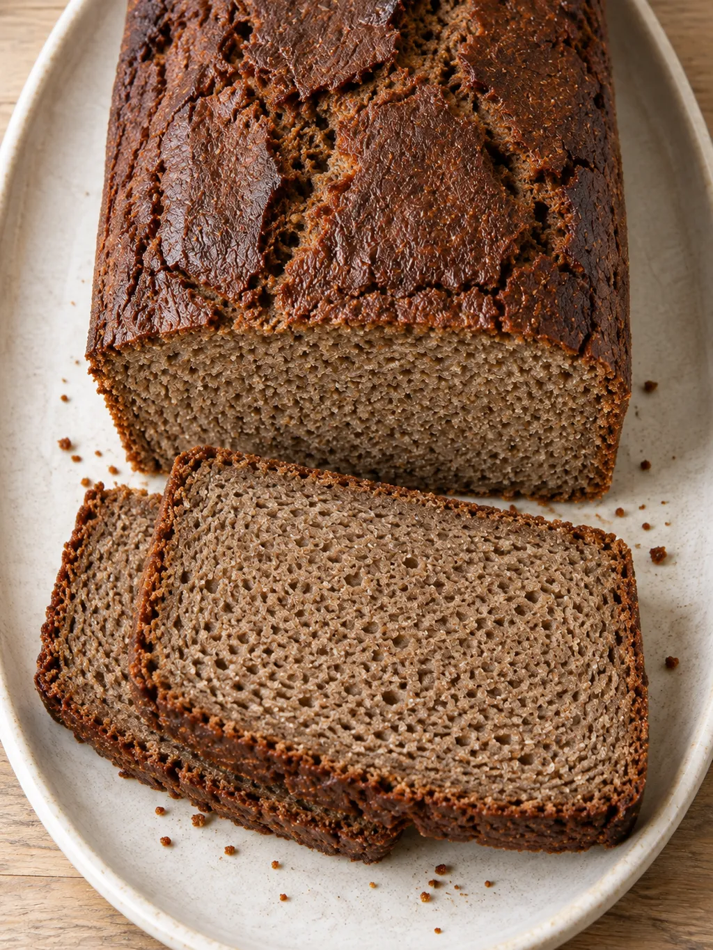 Dunkel gebackenes Roggenbrot mit zwei saftigen Scheiben auf einer hellen Platte