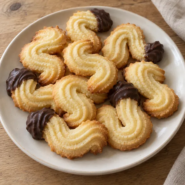 Gerilltes Butter-Spritzgebäck in S-Form, teils mit dunkler Schokoladenecke