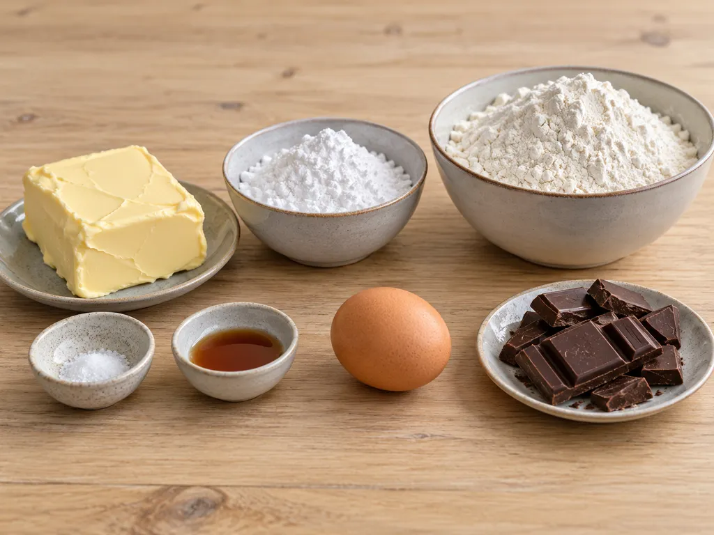 Butter, Puderzucker, Salz, Vanille, ein Ei, Mehl und dunkle Kuvertüre für Spritzgebäck