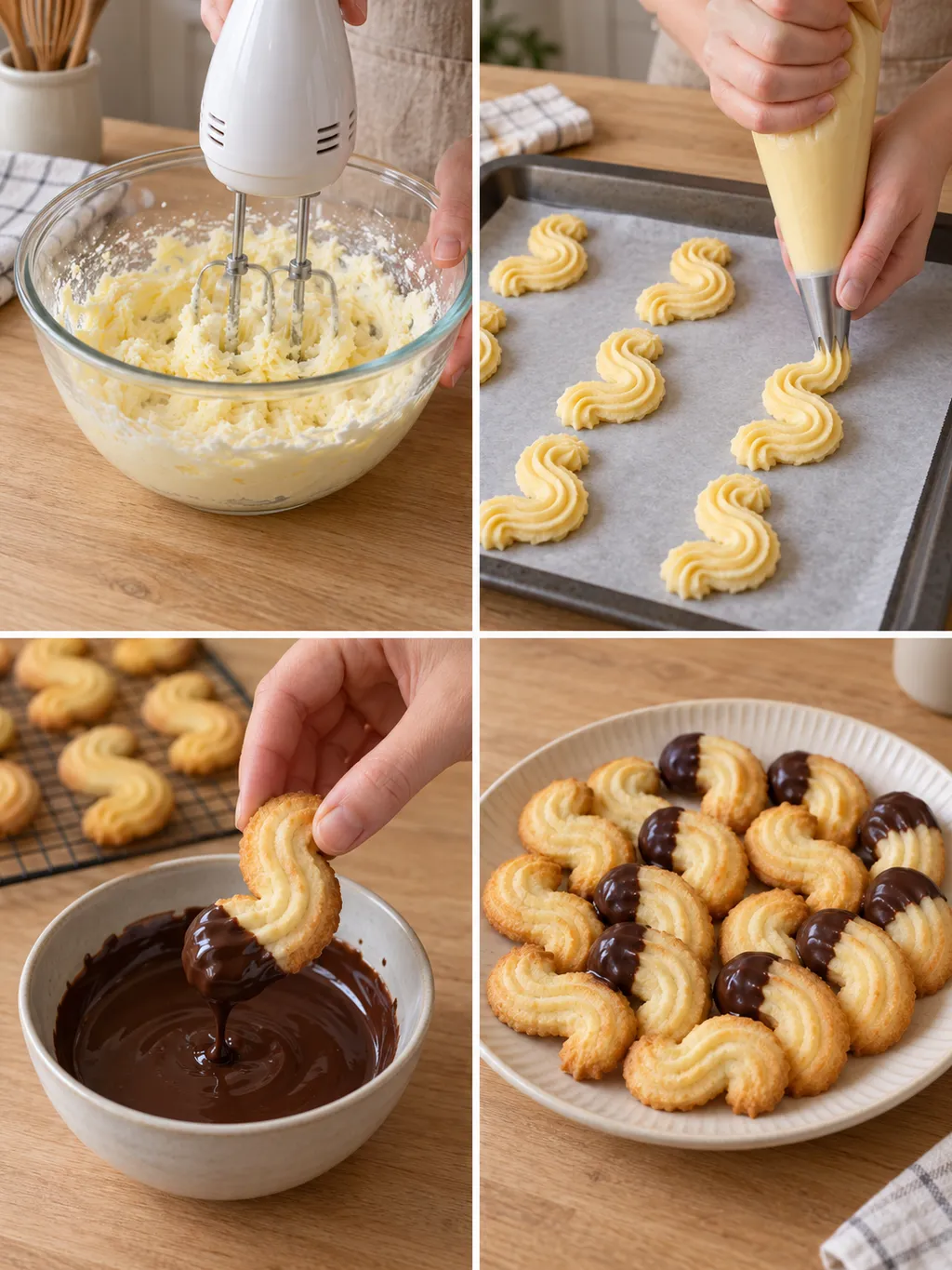 Buttermasse rühren, S-Plätzchen spritzen, in Schokolade tauchen und fertig servieren