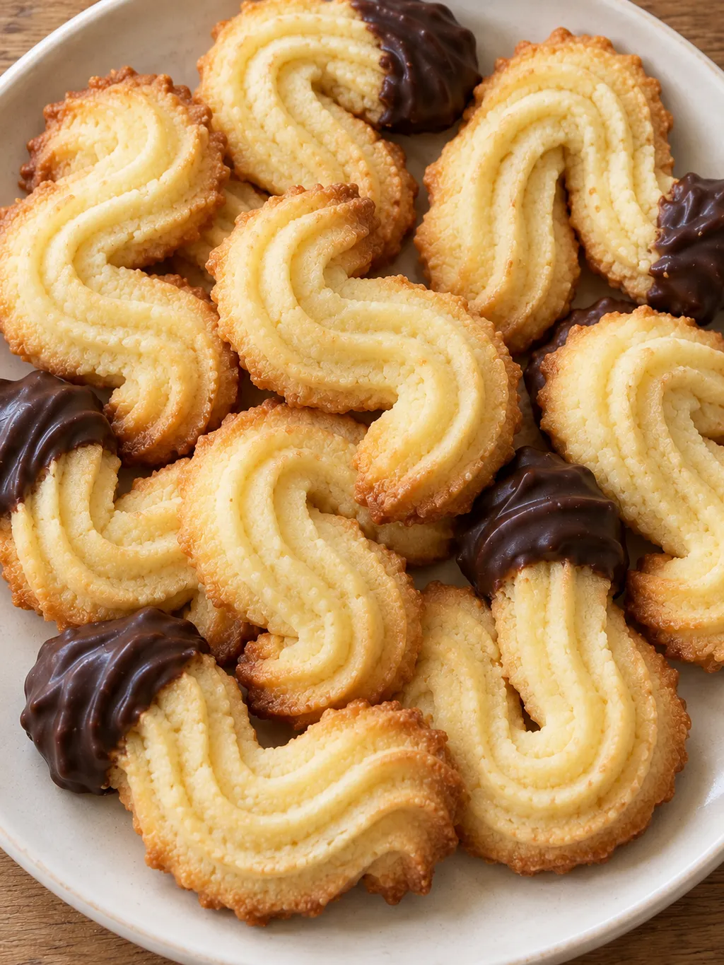 Hellgoldenes S-Spritzgebäck mit feinen Rillen und dunklen Schokoladenecken