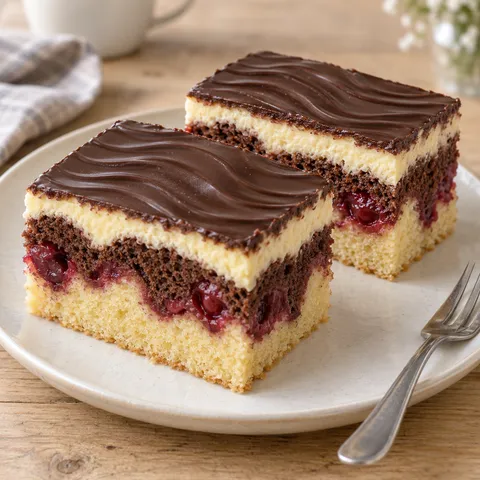 Donauwelle mit Kirschwellen im Rührteig, heller Buttercreme und gewelltem Schokoguss