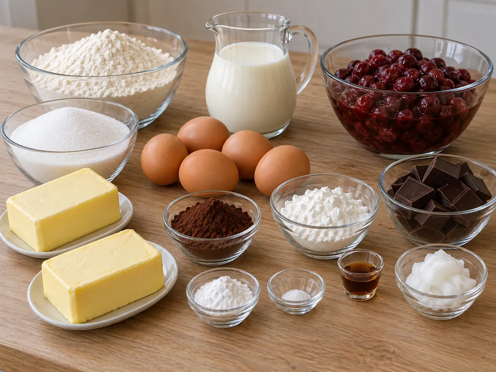 Butter, Eier, Mehl, Sauerkirschen, Milch, Kakao und Schokolade für Donauwelle