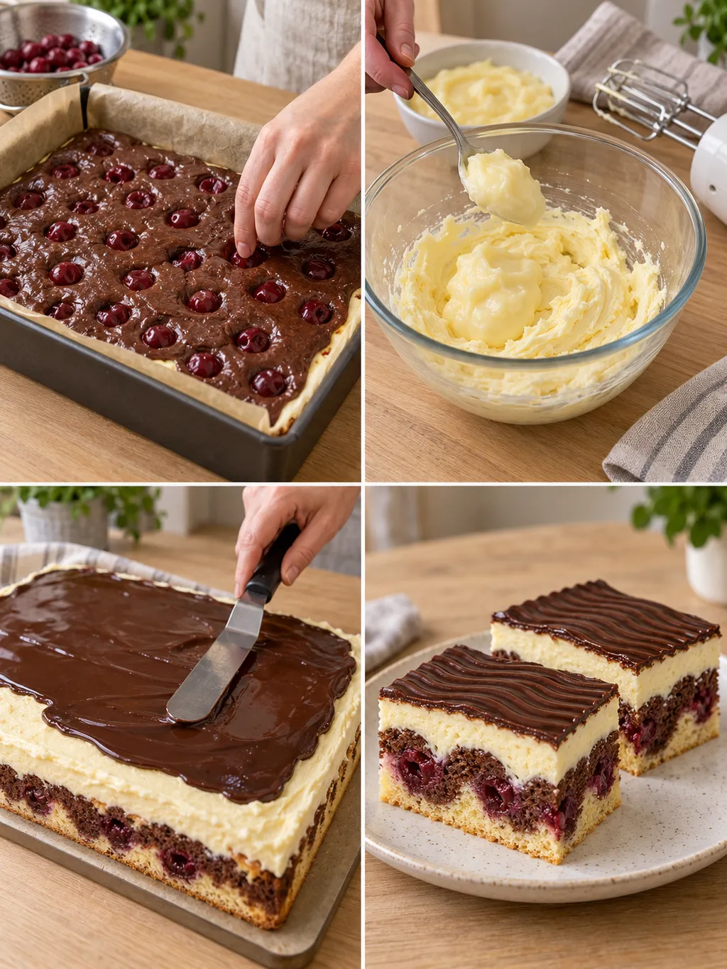 Donauwelle beim Schichten, Anrühren der Buttercreme und Glasieren sowie fertig auf dem Teller