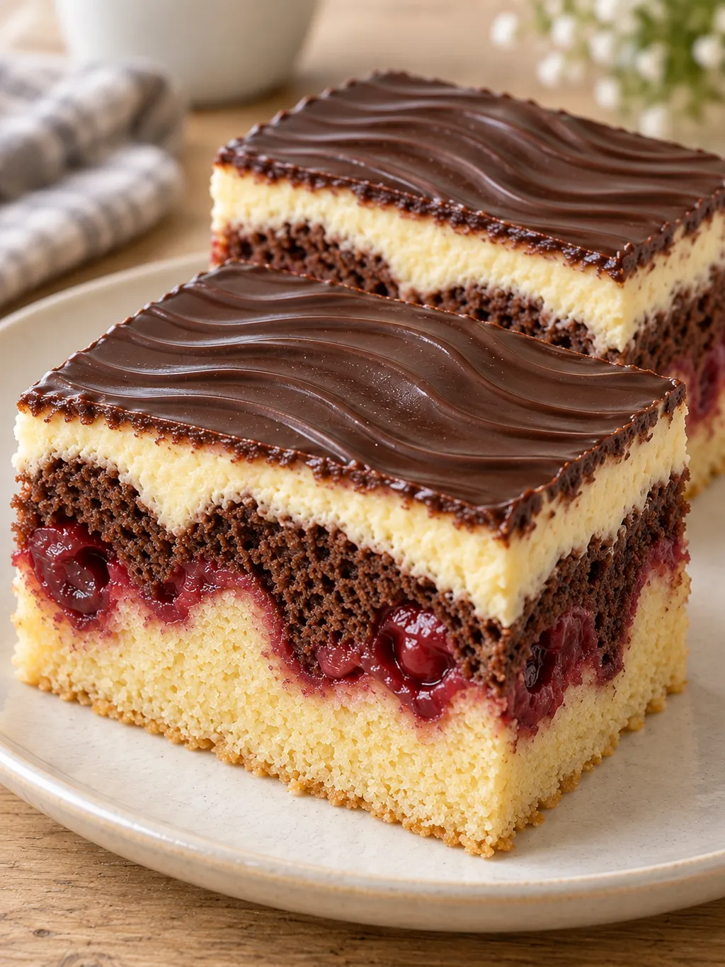 Donauwellenstücke mit saftigen Sauerkirschen, Vanillebuttercreme und dünner Schokoladenschicht