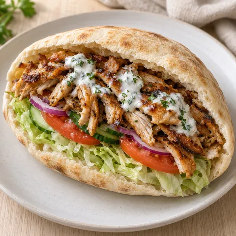 Döner Kebab mit gebräuntem Hähnchen, Salat und Knoblauchsoße im Fladenbrot