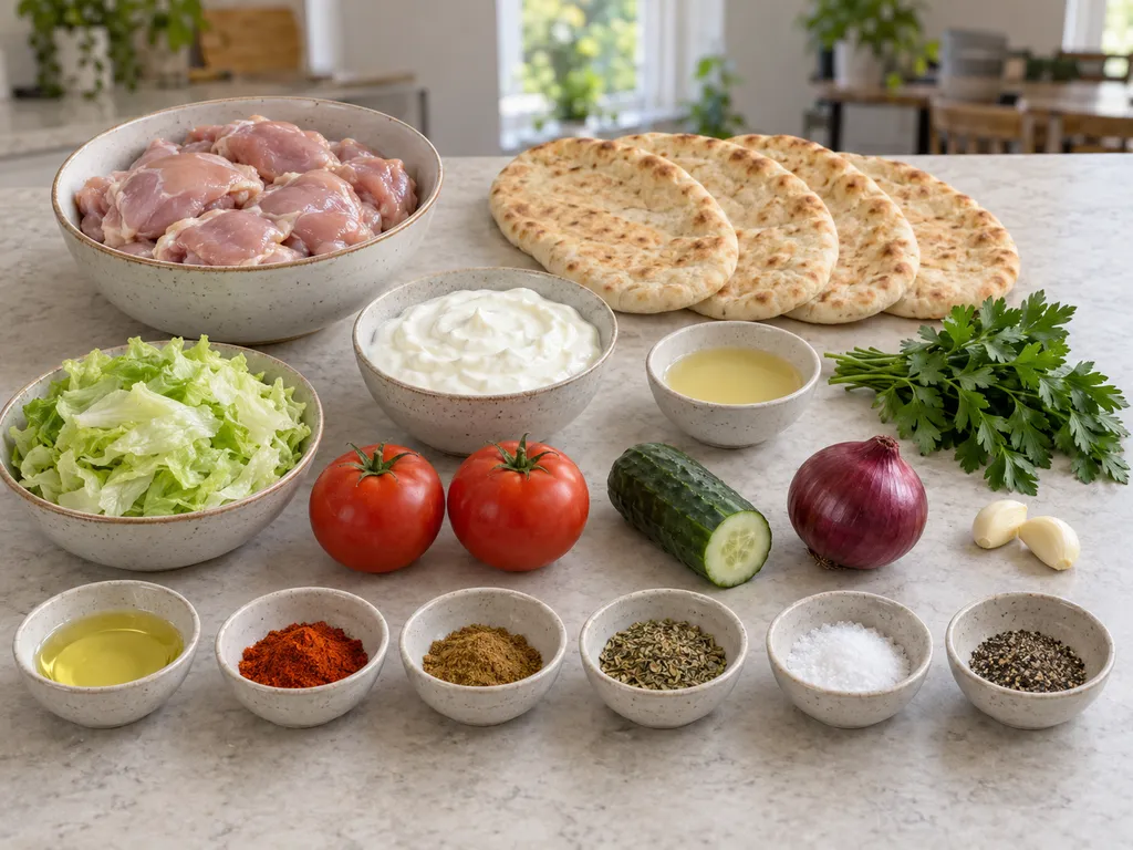 Hähnchen, vier Fladenbrote, Gemüse, Joghurt und Gewürze für selbst gemachten Döner