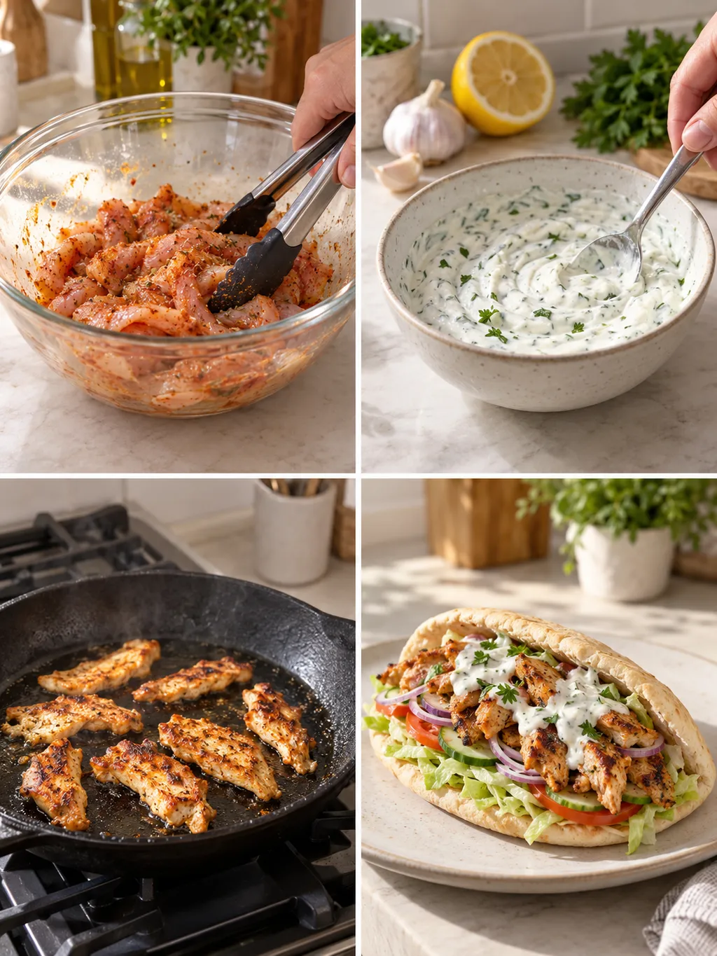 Hähnchen würzen, Knoblauchsoße rühren, Fleisch braten und den fertigen Döner servieren