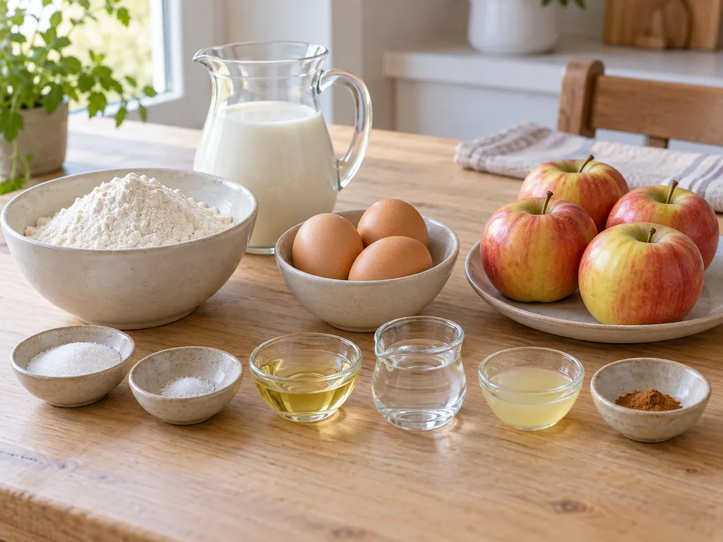 Mehl, Milch, drei Eier, Zucker, Salz, Öl, Äpfel, Wasser, Zitronensaft und Zimt