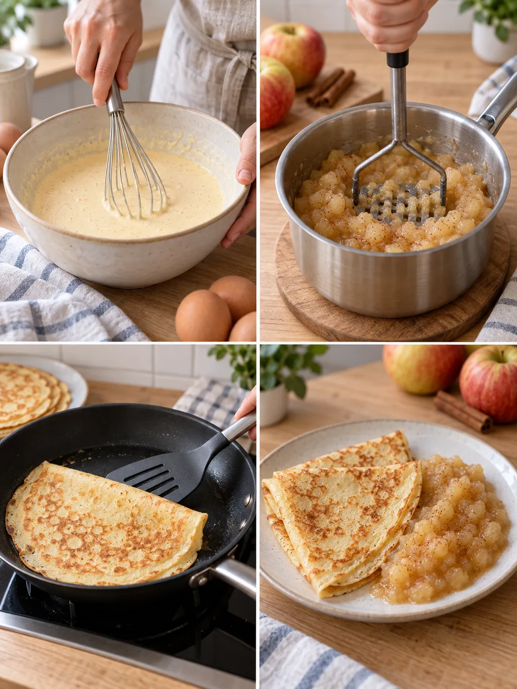 Teig rühren, Äpfel zerdrücken, Eierkuchen wenden und Eierkuchen mit Apfelmus anrichten
