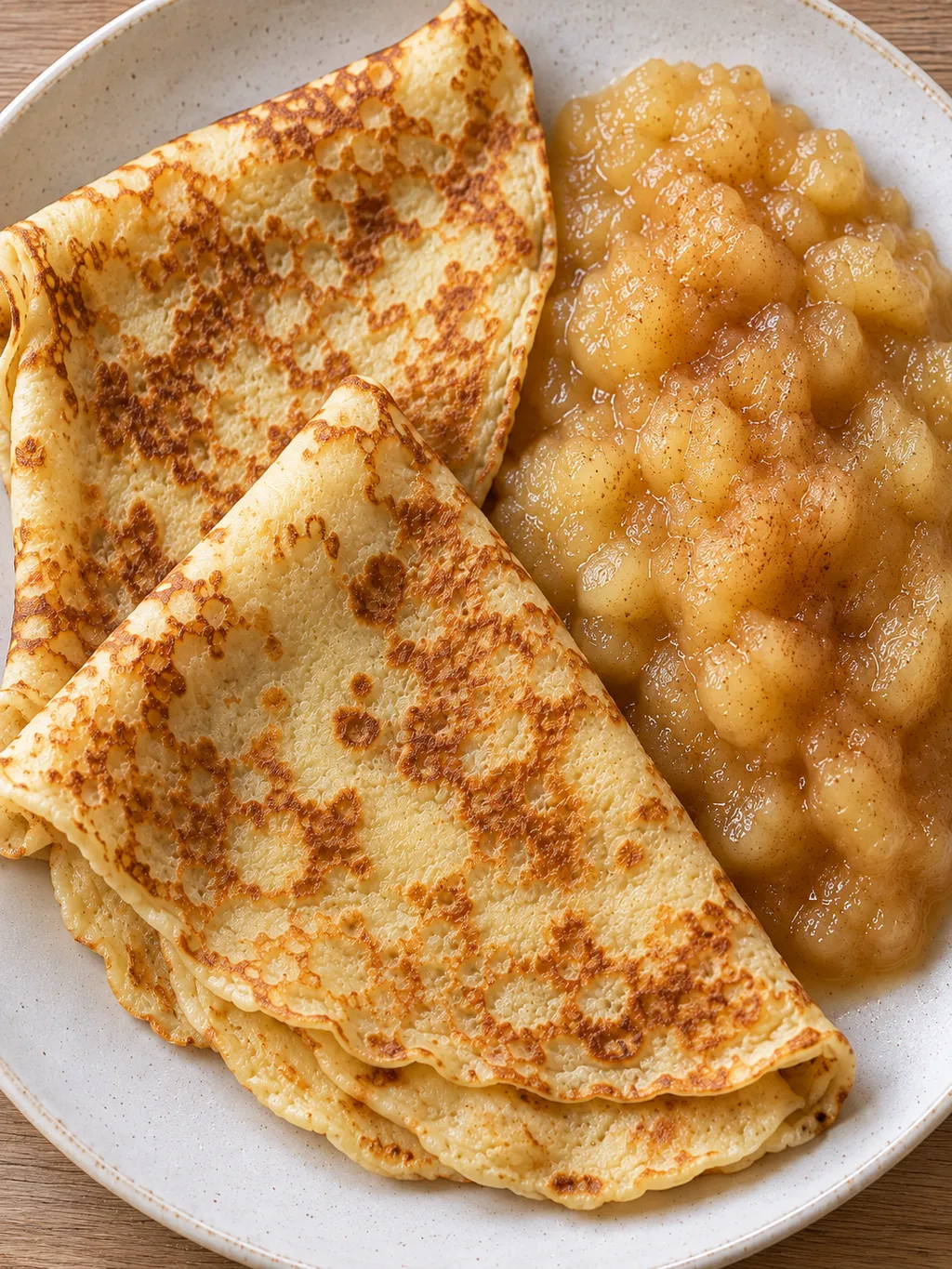 Gefaltete Eierkuchen mit goldbraunen Flecken und selbst gekochtem Apfelmus