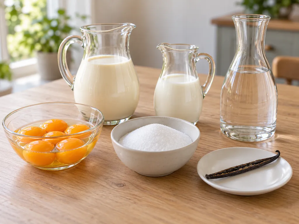 Eigelb, Zucker, Vanille, Sahne, Milch und Wodka für selbstgemachten Eierlikör