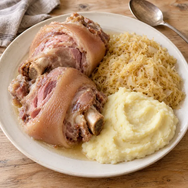 Zwei gekochte Eisbeine mit weicher Schwarte, Sauerkraut und Kartoffelpüree auf einer Platte