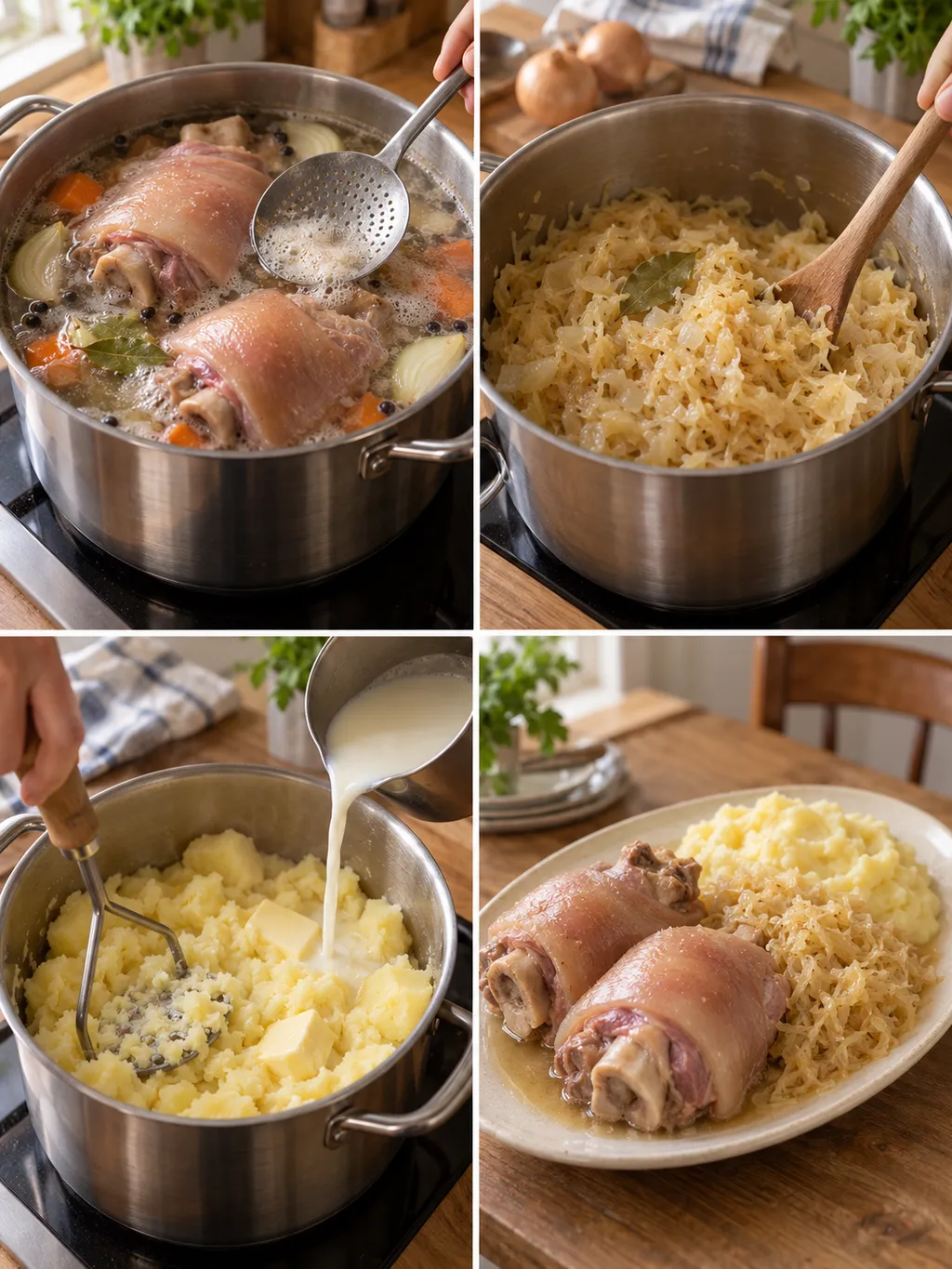 Eisbein im Sud, Sauerkraut im Topf, Kartoffeln beim Stampfen und das fertig angerichtete Essen