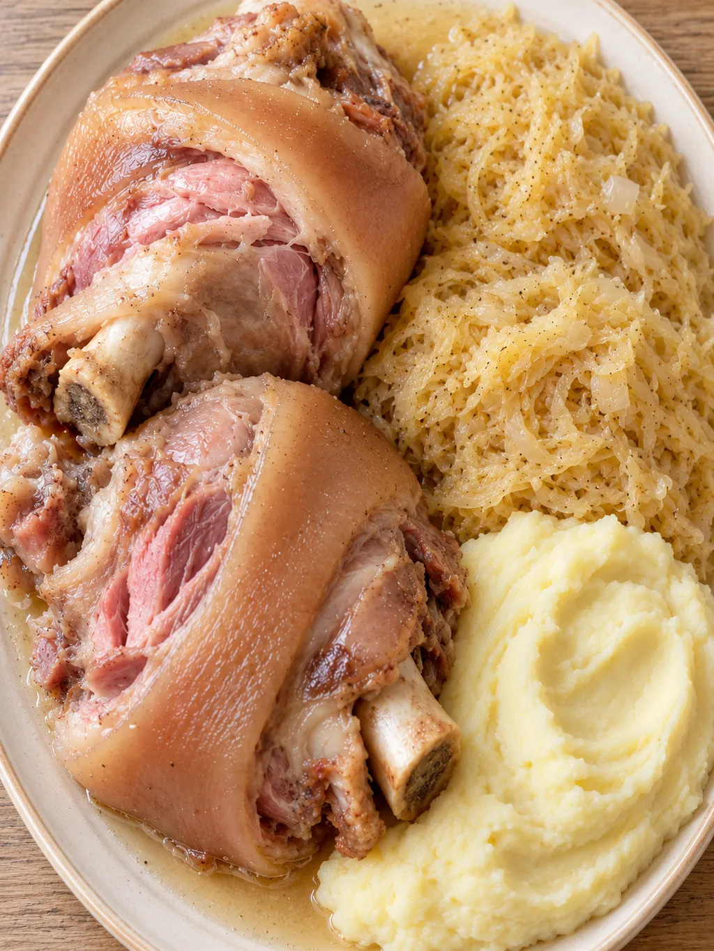 Gekochte Eisbeine mit saftigem Fleisch neben Sauerkraut und cremigem Kartoffelpüree