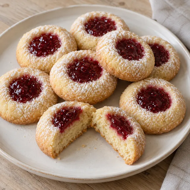 Engelsaugen mit roter Himbeermarmelade und Puderzucker auf einem cremeweißen Teller