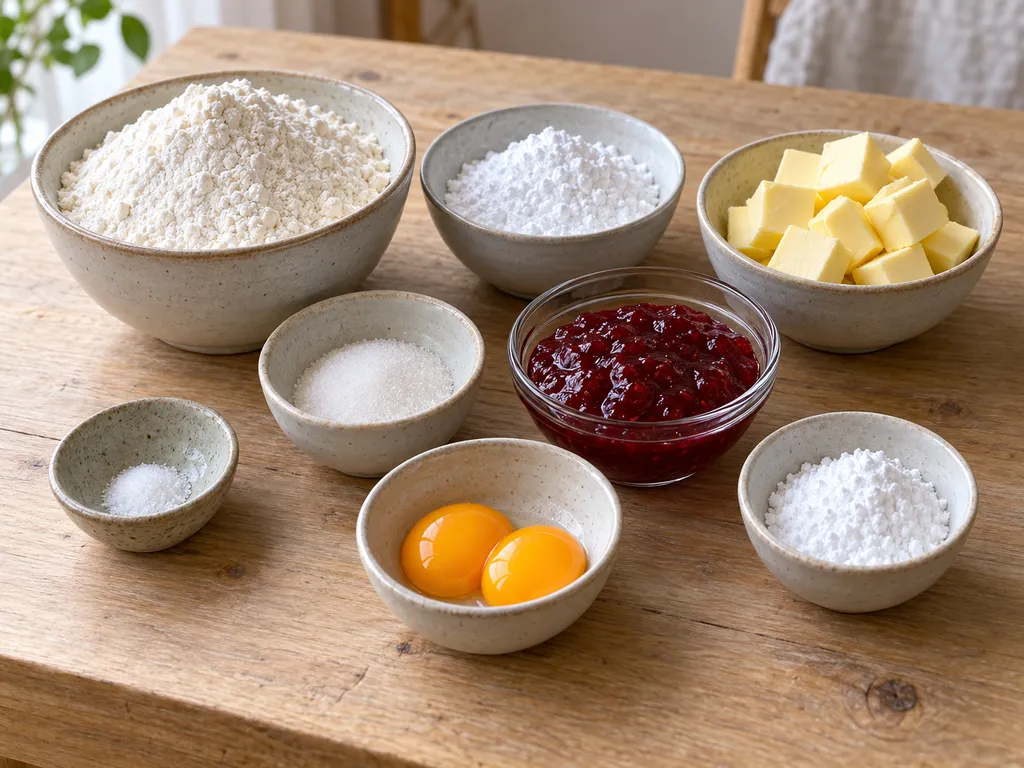 Mehl, Butter, Puderzucker, Vanillezucker, Salz, zwei Eigelbe und Himbeermarmelade