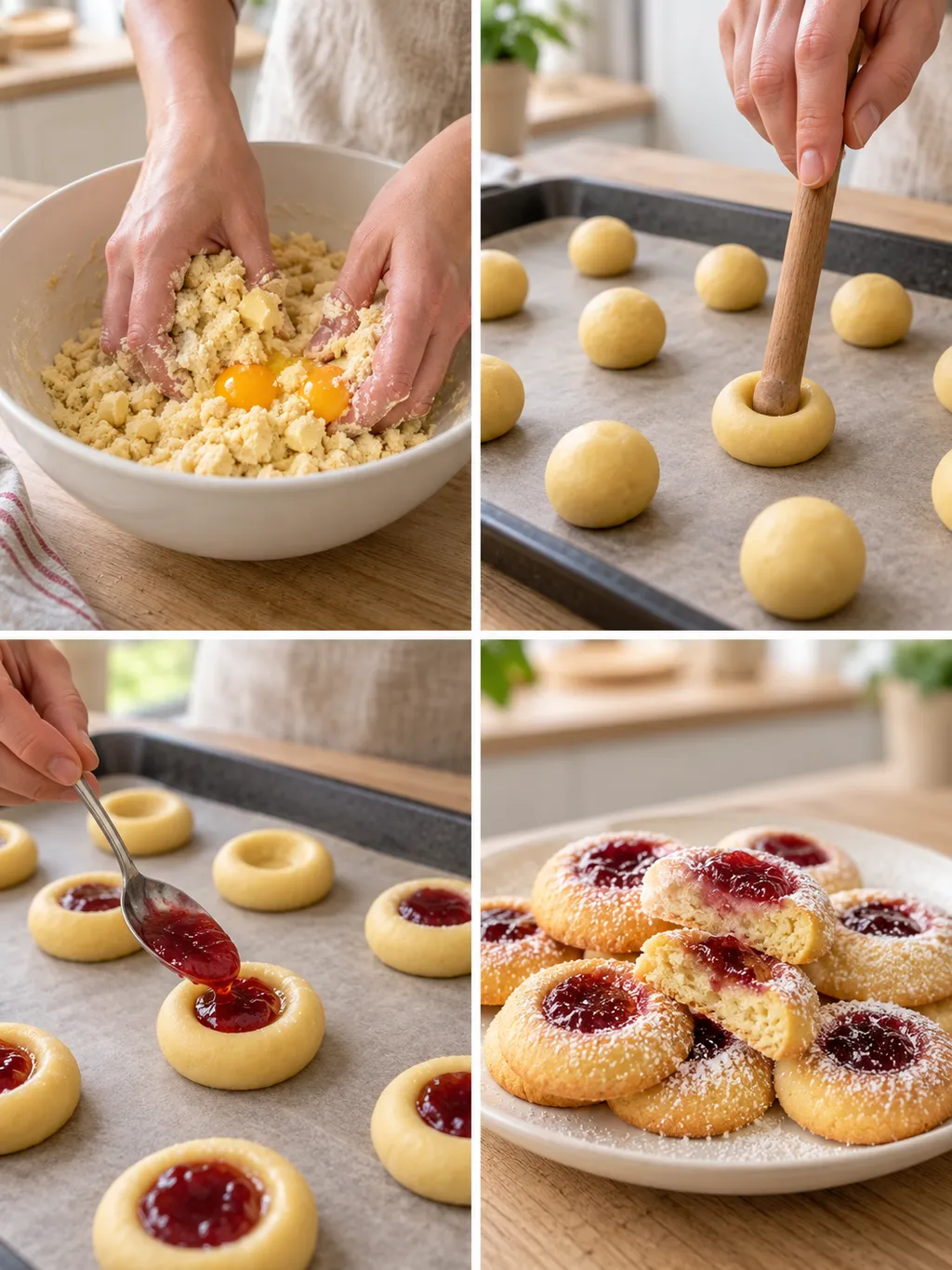 Mürbeteig zubereiten, Mulden formen, Marmelade einfüllen und fertige Engelsaugen