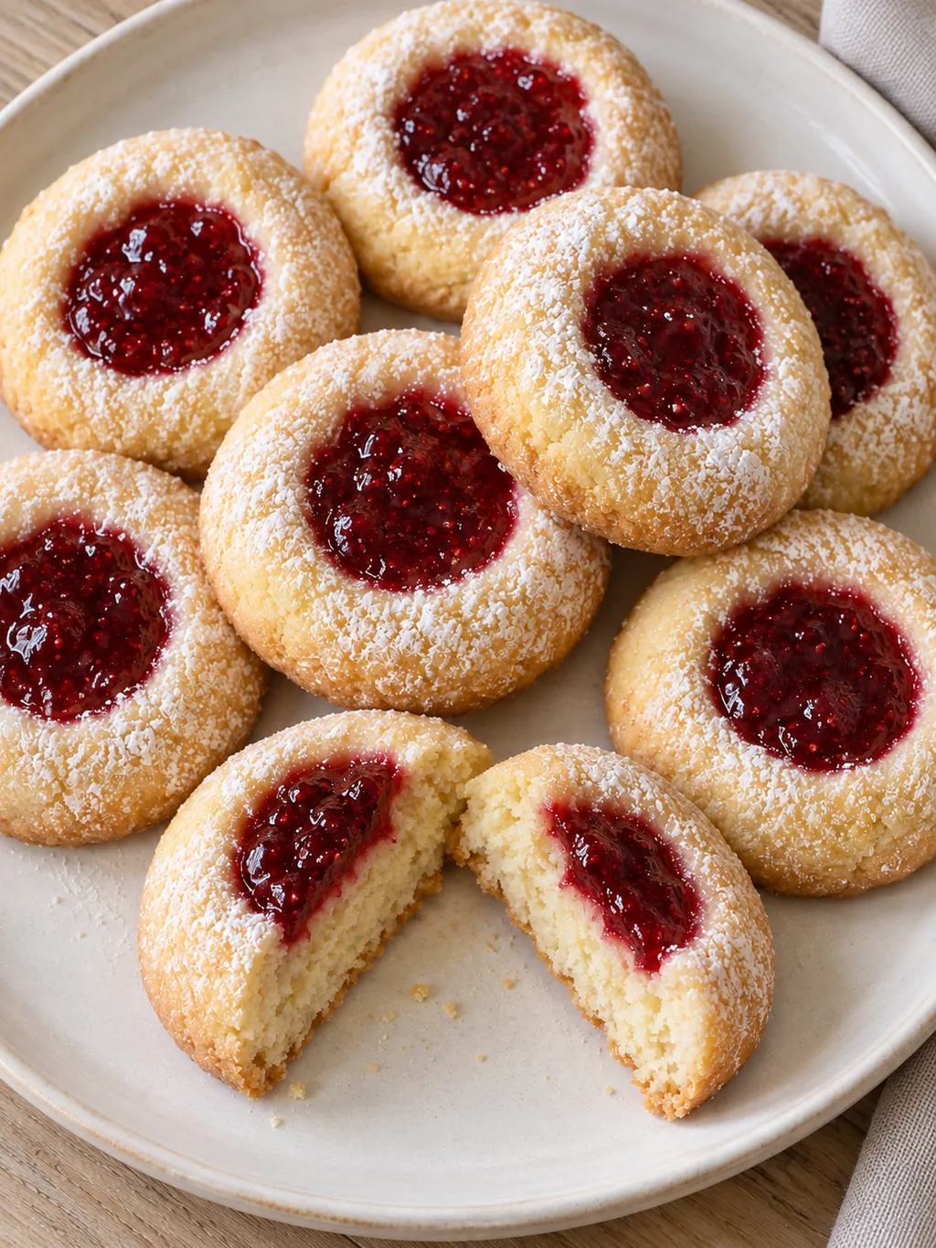 Zarte Engelsaugen mit glänzender Himbeermarmelade und dünner Puderzuckerschicht