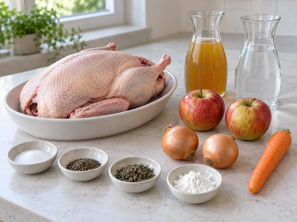 Ganze rohe Ente mit zwei Äpfeln, zwei Zwiebeln, Möhre, Brühe und Gewürzen