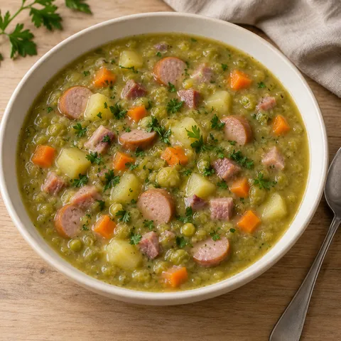 Sämige Erbsensuppe mit Kartoffeln, Möhren, Wiener-Scheiben und Petersilie