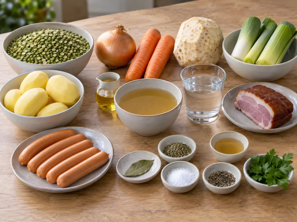Schälerbsen, Suppengemüse, Kartoffeln, Kochschinken und sechs Wiener für Erbsensuppe