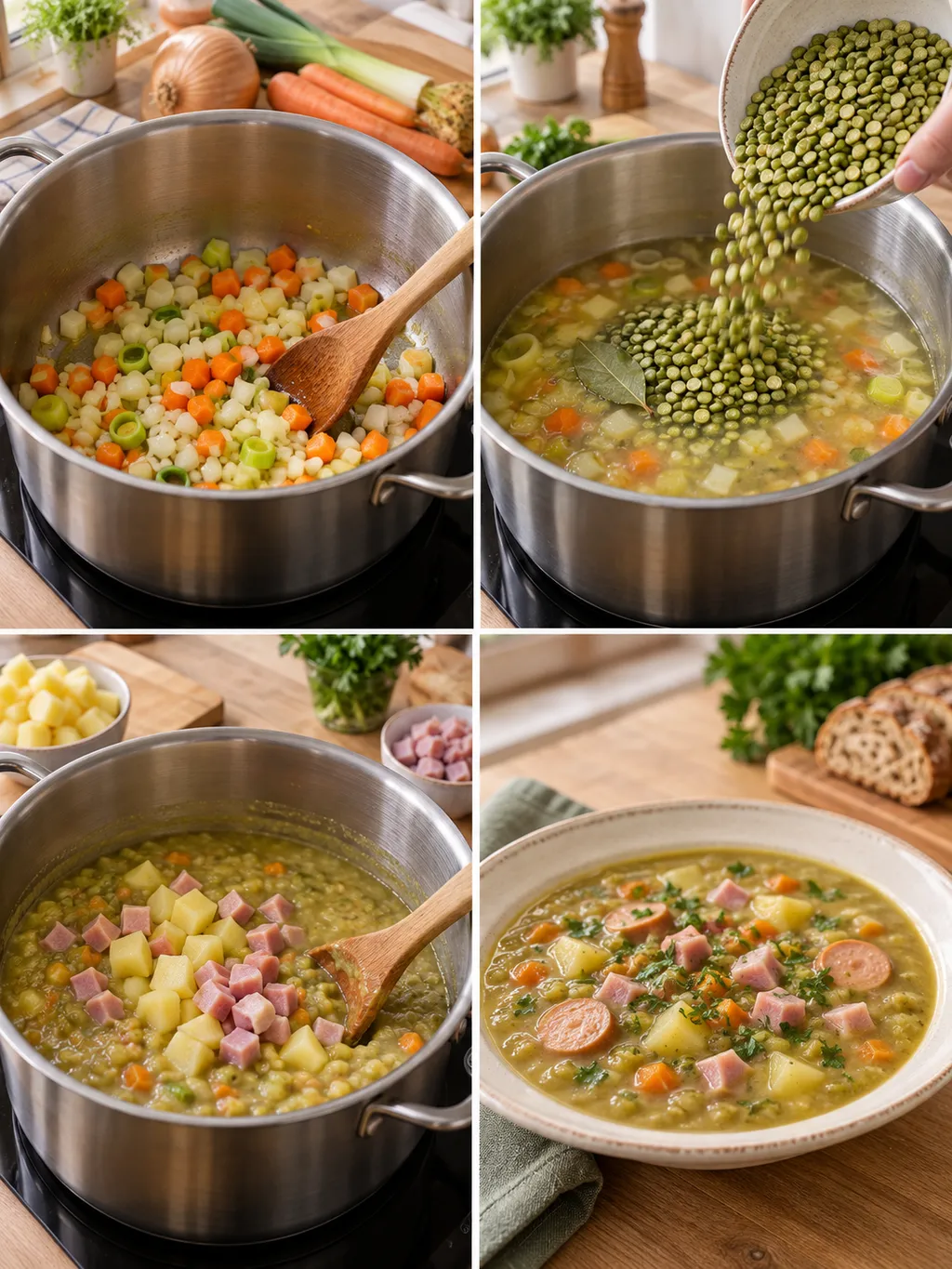 Gemüse anschwitzen, Erbsen zugeben, Kartoffeln garen und fertige Erbsensuppe servieren