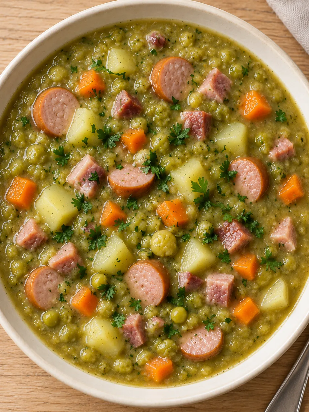 Deftige Erbsensuppe mit Wiener-Scheiben, Kartoffeln und Petersilie in einer hellen Schale