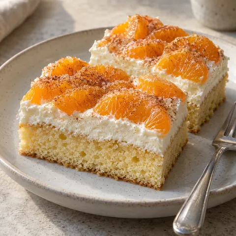Fantakuchenstücke mit weißer Schmandcreme, Mandarinen und Zimtzucker