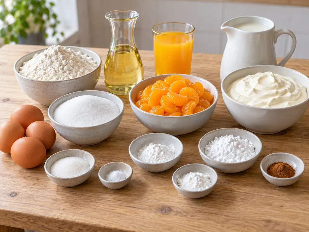 Zutaten für Fantakuchen mit Eiern, Limonade, Schmand, Sahne und Mandarinen
