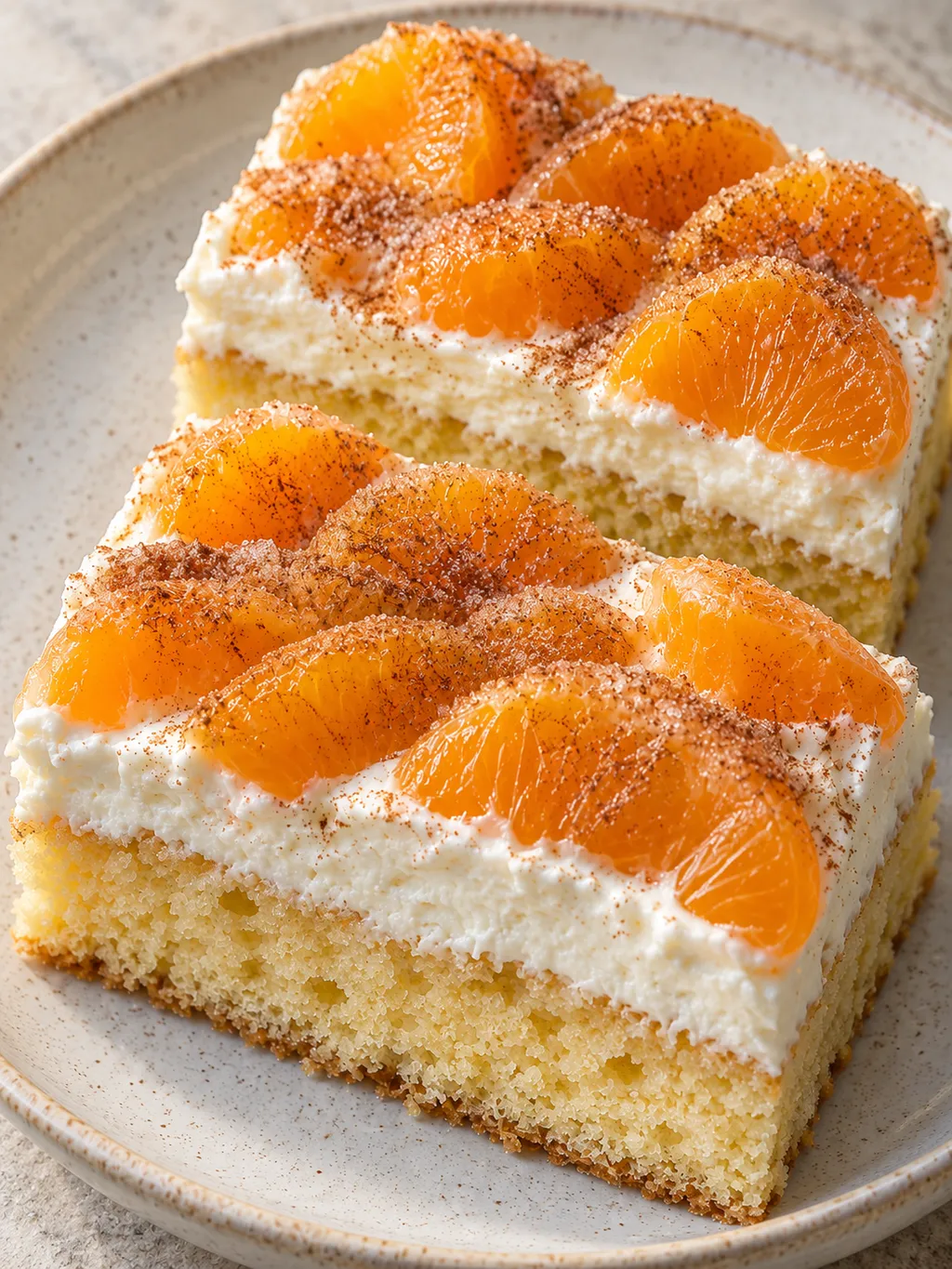 Fantakuchen mit Mandarinenspalten und Zimtzucker auf einer dicken Schmandcreme