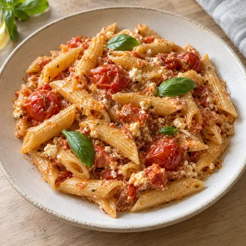 Penne mit cremiger Feta-Tomatensoße, gerösteten Kirschtomaten und Basilikum