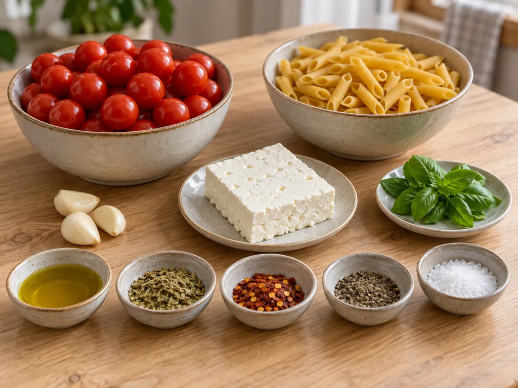 Feta, Kirschtomaten, Penne, Knoblauch, Basilikum, Olivenöl und Gewürze