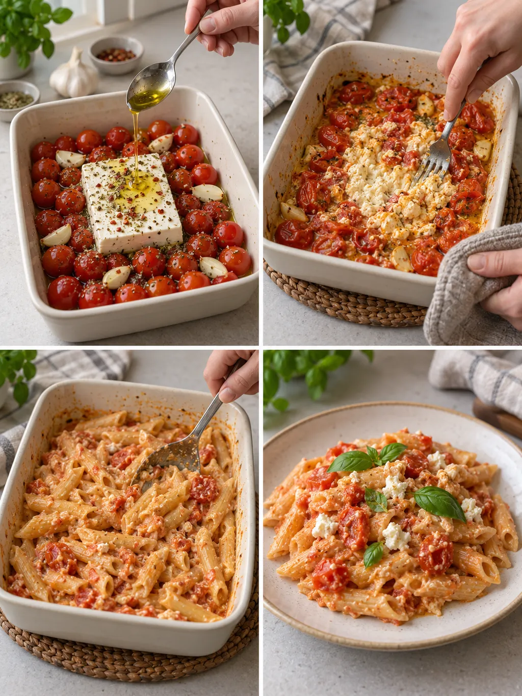 Feta und Tomaten vorbereiten, zerdrücken und mit Penne zum fertigen Gericht mischen